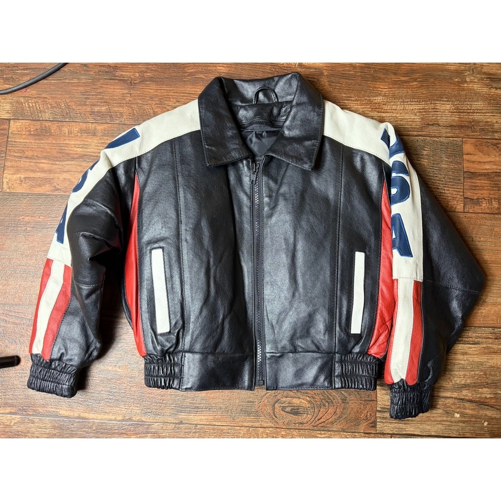Vintage Wilda Boys  Leather Bomber Jacket USA Flag Black Small Fits 4/5 Boys - Picture 2 of 6
